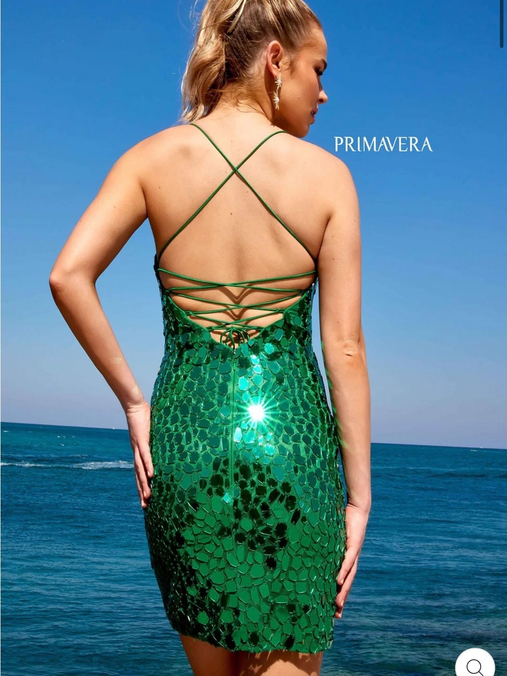 Primavera Couture Green Sequin Lace-Up Back Mini Dress
